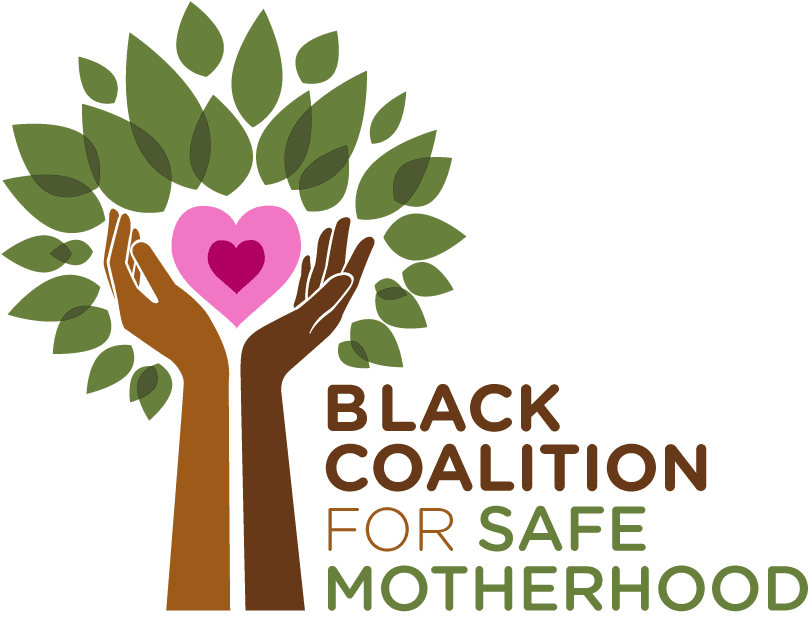 A black coalition for safe motherhood logo with hands holding up a heart.