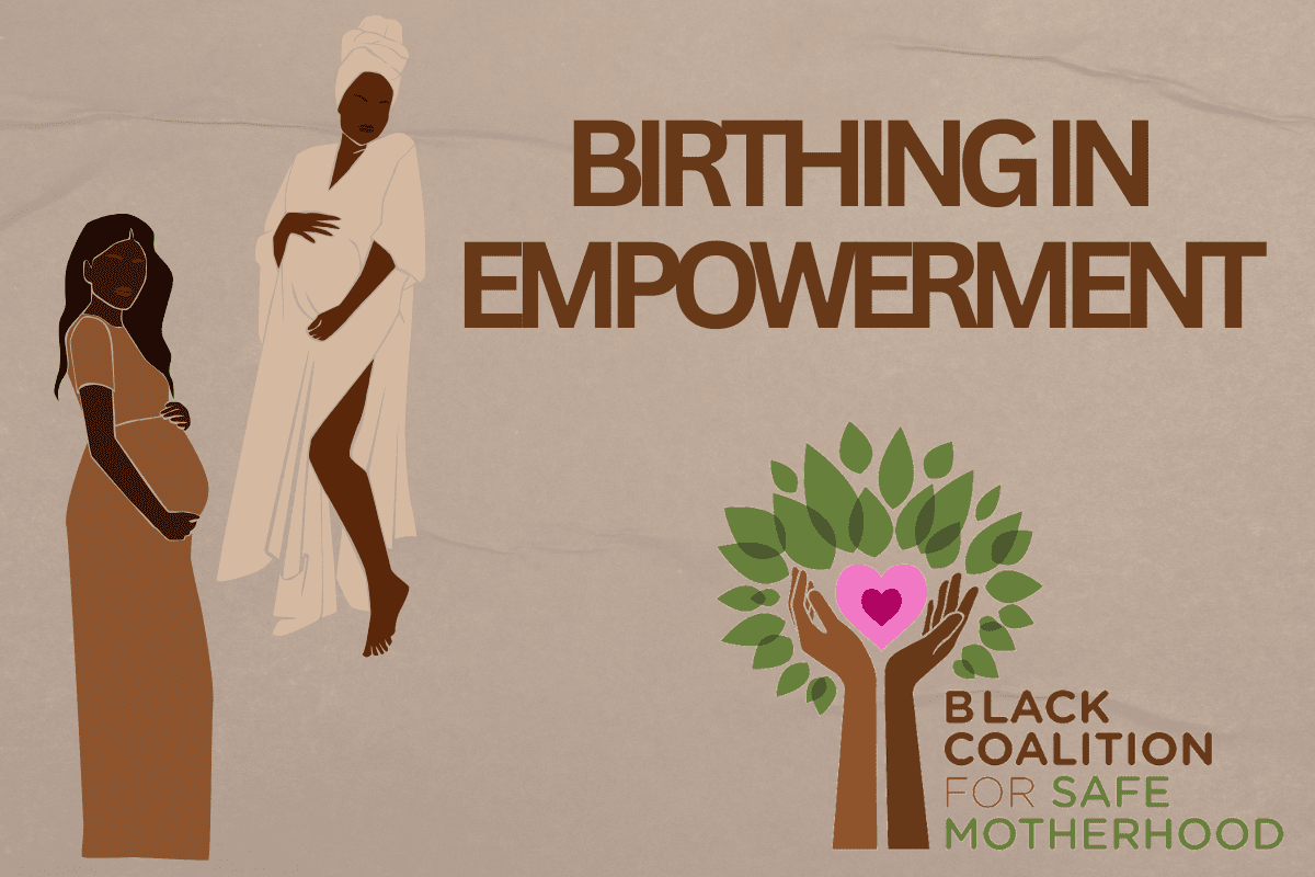 A woman standing next to a tree with the words birthing in empowerment written on it.